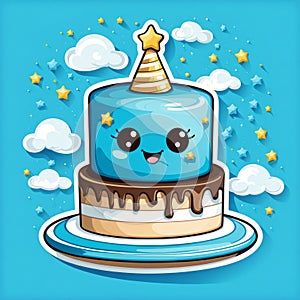 multi-tiered cake with happy face and cone on top for birthday party, stars on blue background. Cute illustration.