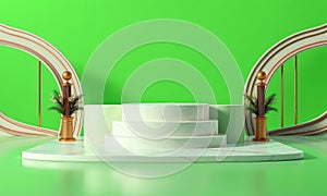 Tiered Pedestal Stage with Decorative Arches and Plants