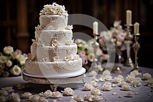 A multi-tiered wedding cake decorated white flowers
