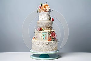 A multi-tiered wedding cake with lots of decoration created with generative AI technology