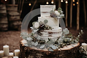 Multi-tiered white wedding cake decorated with flowers and green eucalyptus leaves on a wooden table