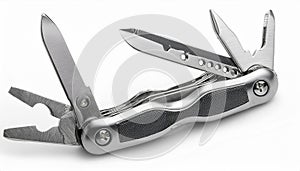 Multi Tool Knife with Multiple Blades and Tools Isolated on White Background