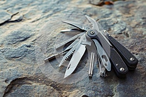 Multi-tool knife with various attachments open on a rocky surface