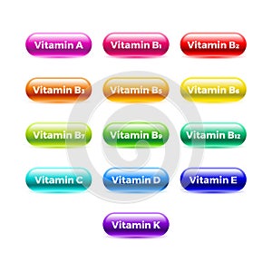 Multi Vitamin complex icons set. Multivitamin supplement, Vitamin A,B1, B2, B3, B5, B6, B9, B12, C, D, E, K, vector illustration.