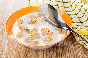 Multicereal flakes with yogurt in bowl, spoon, checkered napkin
