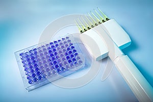 Multichannel pipette and microplate with 96 wells in the laboratory of Science research