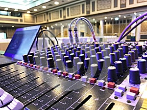 Multichannel sound mixer console board or mixer electronic equipment.