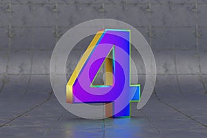 Multicolor 3d number 4. Glossy iridescent number on tile background. 3d rendered font character.