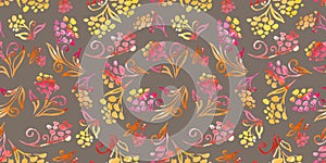 Multicolor Autumn watercolor floral Seamless pattern orange, red and yellow branch and Flower on dark brown background