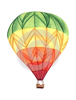 Multicolor balloon. Green yellow orange red horizontal stripes. Passenger basket. Single doodle decorative element