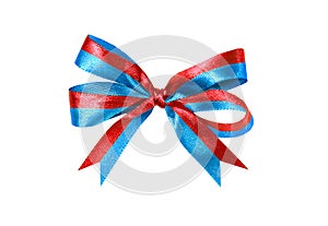 Multicolor blue-red fabric ribbon and bow on white background