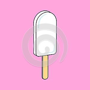 Multicolor cute illustration of ice cream on pink background; colorful flat vector vanilla ice cream icon on a stick isolated;