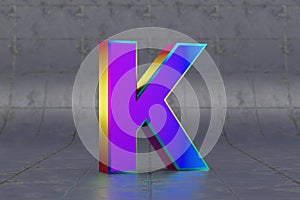 Multicolor 3d letter K uppercase. Glossy iridescent letter on tile background. 3d rendered font character.