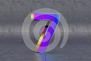 Multicolor 3d number 7. Glossy iridescent number on tile background. 3d rendered font character.