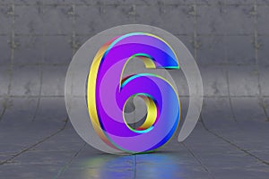 Multicolor 3d number 6. Glossy iridescent number on tile background. 3d rendered font character.