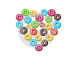 Multicolor donuts heart shape, isolated on white