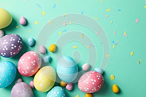 Multicolor Easter eggs on mint background