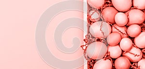 Multicolor eggs in a white tray. Creative Easter concept. Modern solid pink background. . Living coral theme - color of the year