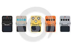 Multicolor electric guitar stomp box effect set.