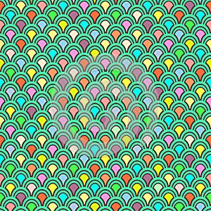 Multicolor fish scales seamless pattern, graphic ornament, animalistic ornament, rainbow illustration, vector background. Colorful