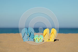 Multicolor flip-flops on the sandy baech against sea and sky