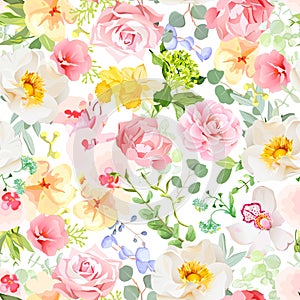Multicolor floral seamless vector print with varied plants and flowers