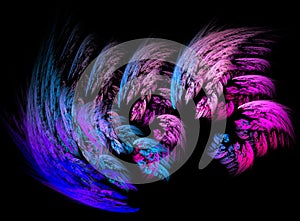 Multicolor glowing object on black background. Shiny neon fractal. Abstract psychedelic illustration