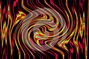 Multicolor glowing twisted lines on black background. Waveforms