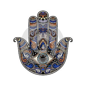 Multicolor hand drawn illustration of a hamsa hand symbol. Hand of Fatima religious sign with all seeing eye. Vintage boho style.