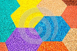 Multicolor hexagons abstract pattern, rubber crumb texture background, flooring for stadiums and playgrounds