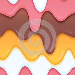 Multicolor ice cream dripping. Liquid layered colorful food concept. Colorful dripping seamless background