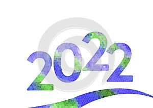 Multicolor lettering 2022 number year and wave written in Watercolor mosaic. Blue, violet and green color