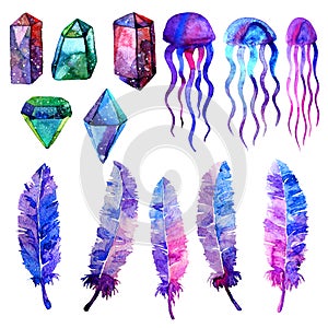 Multicolor minerals. Watercolor illustration of crystal, jellyfish and bird feathers. Isolated on white background