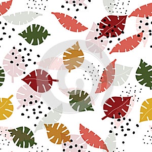 Multicolor monstera leaves hand drawn seamless pattern