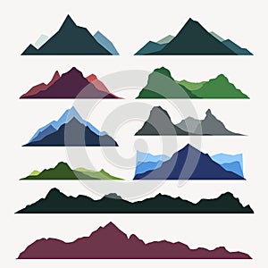 multicolor of mountain silhouettes isolate in set