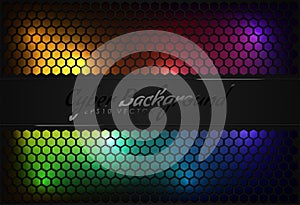 Multicolor neon backlight under black hexagonal grid. Gamer background, cyberpunk style headline design. Color lights hardwear