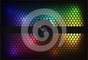 Multicolor neon backlight under black hexagonal grid. Gamer background, cyberpunk style logo place. Color lights hardwear power