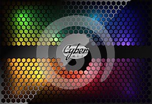 Multicolor neon backlight under glossy black hexagonal grid. Gamer background, cyberpunk style logo place. Color lights hardwear