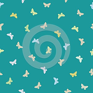 Multicolor pastel butterflies in multidirectional design. Seamless hand drawn vector pattern on vibrant teal background