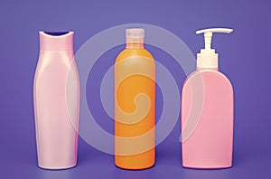 Multicolor plastic containers for liquid toiletries and cosmetic products in row, bottles