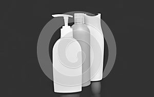 Multicolor plastic liquid containers for cosmetic products packaging in row, bottles