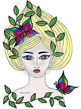 Multicolor portrait of a beautiful girl with butterfly and leaves