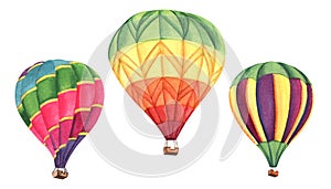 Multicolor rainbow striped Hot air balloons. Small passenger baskets. Set of three decorative elements. Hand painted watercolor il