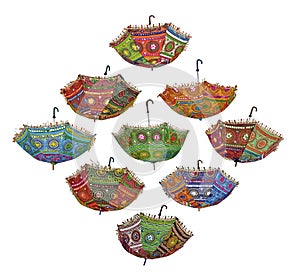 Multicolor Rajasthani Embroidery Umbrella for Decoration. Set of multicolor parasols.