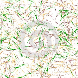 Multicolor random brush strokes on the white background. Thin paint splashes, different size. Green, brown and yellow colors.