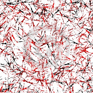 Multicolor random brush strokes on the white background. Thin paint splashes, different size. Red and black shades and colors.