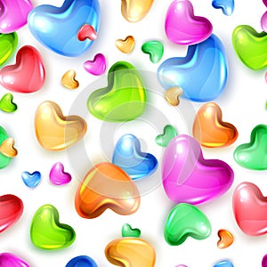 Multicolor realistic 3d glass hearts vector seamless pattern. Valentines Day love background. Vector illustration