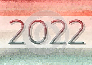 Multicolor red and gray lettering 2022 number year on Watercolor mosaic colorful bacground. Beige, orange and green