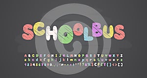Multicolor school chalk bubble font, uppercase and lowercase letters, numbers, punctuation marks, math and currency