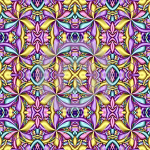 Multicolor Seamless abstract festive vivid pattern. Fantasy flower shapes. 3D elements. Great for tapestry, carpet, blanket,